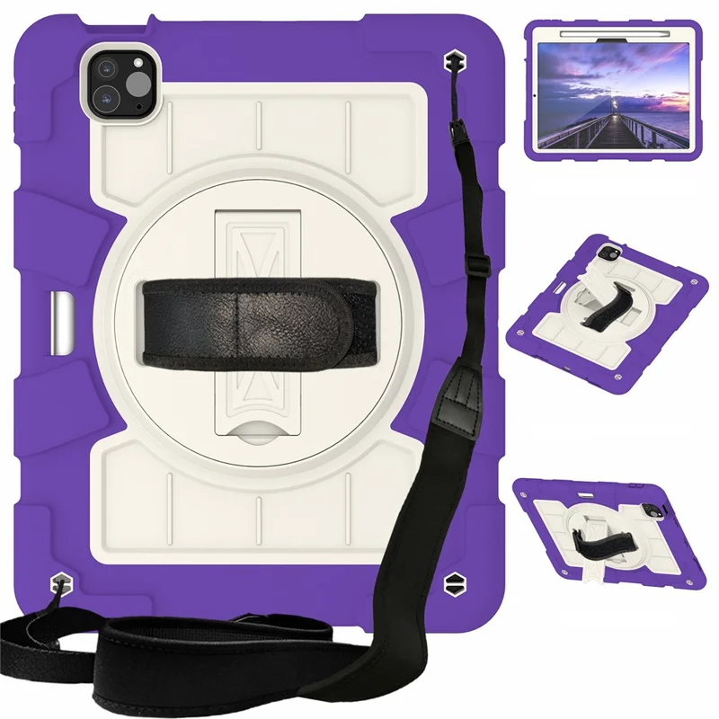 For iPad Pro 11 (2024) Kickstand Case with Shoulder Strap Rotating Hand Strap PC+TPU Tablet Cover - Purple-Cellmalls