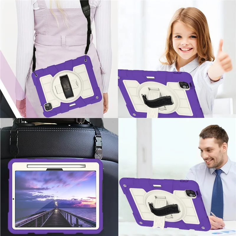 For iPad Pro 11 (2024) Kickstand Case with Shoulder Strap Rotating Hand Strap PC+TPU Tablet Cover - Purple-Cellmalls