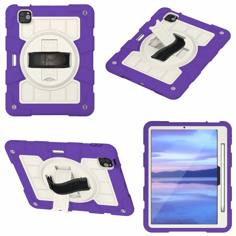 For iPad Pro 11 (2024) Kickstand Case with Shoulder Strap Rotating Hand Strap PC+TPU Tablet Cover - Purple-Cellmalls