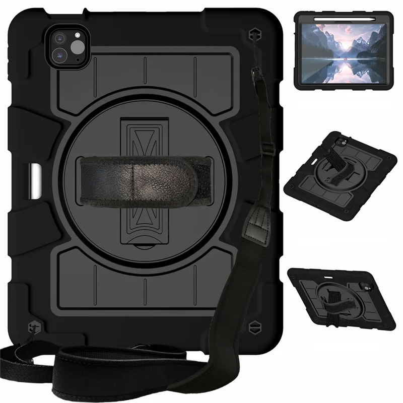 For iPad Pro 11 (2024) Kickstand Case with Shoulder Strap Rotating Hand Strap PC+TPU Tablet Cover - Purple-Cellmalls