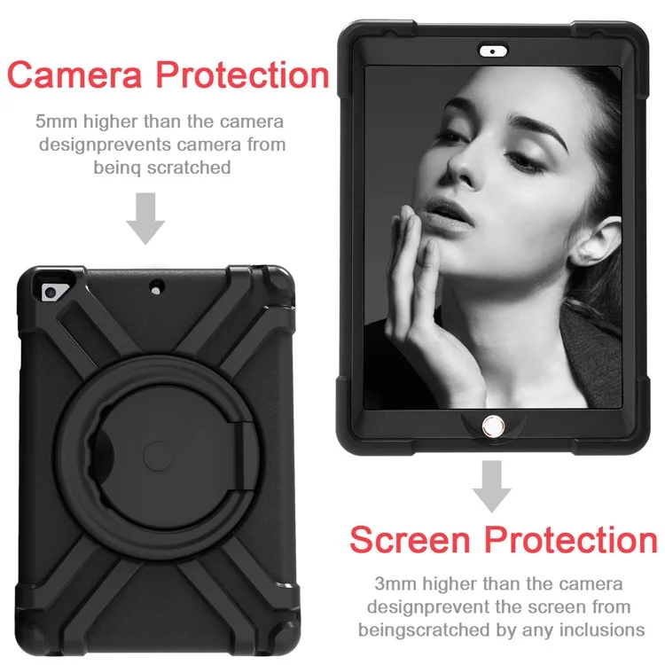 360° Swivel Kickstand PC + Silicone Hybrid Tablet Case for Apple iPad Air/Air 2/iPad 9.7-inch (2018) / iPad 9.7-inch (2017) - All Black-Cellmalls