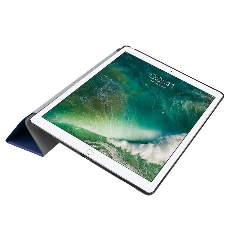 For iPad Pro 12.9 (2017) PU Leather Ultra Thin Tri-fold Stand Auto Sleep/Wake Tablet Cover - Dark Blue-Cellmalls