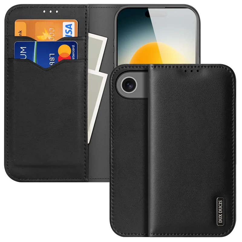 For iPhone 17 Air Case DUX DUCIS Hivo Series Cowhide Leather RFID Blocking Wallet Stand Flip Phone Cover - Black-Cellmalls