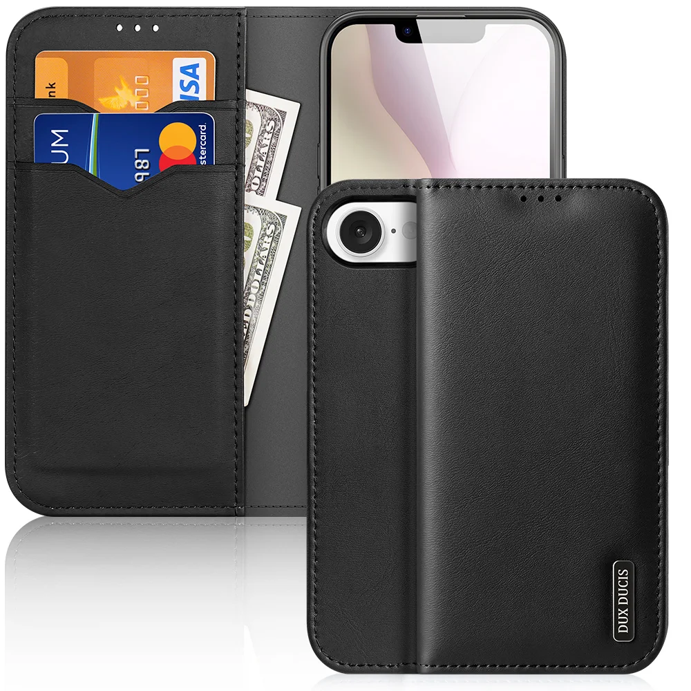 For iPhone 16e Case DUX DUCIS Hivo Series Cowhide Leather RFID Blocking Wallet Stand Flip Phone Cover - Black-Cellmalls