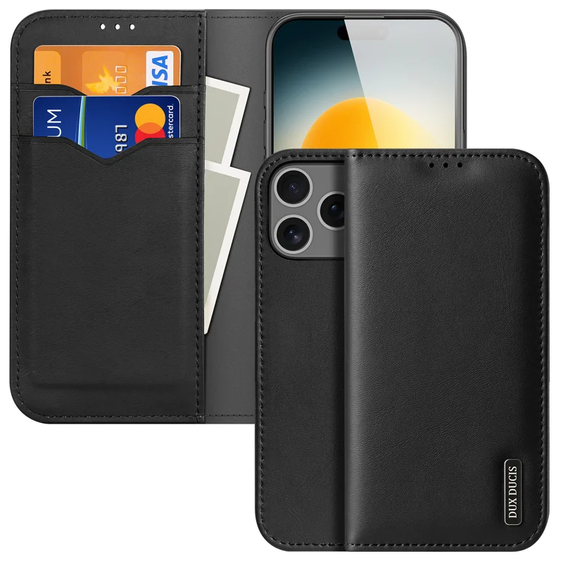 For iPhone 17 Pro Case DUX DUCIS Hivo Series Cowhide Leather RFID Blocking Wallet Stand Flip Phone Cover - Black-Cellmalls
