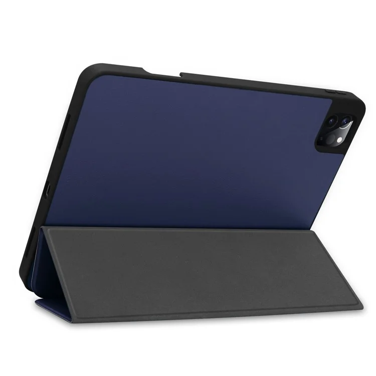 For iPad Pro 12.9 (2022) / (2021) / (2020) / (2018) PU Leather Stable Tri-fold Stand Stand Tablet Mobile Shell [with Pen Slot] - Dark Blue-Cellmalls