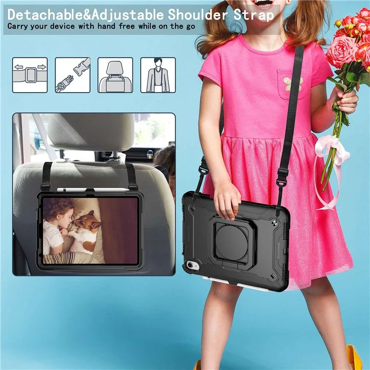 For iPad (2025) / iPad 10.9 (2022) Silicone PC Tablet Case Rotating Handle Kickstand Cover with Shoulder Strap - Black-Cellmalls