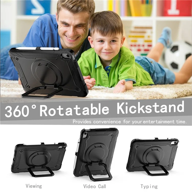 For iPad (2025) / iPad 10.9 (2022) Silicone PC Tablet Case Rotating Handle Kickstand Cover with Shoulder Strap - Black-Cellmalls
