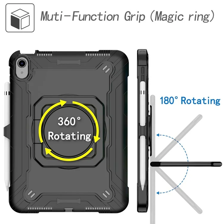 For iPad (2025) / iPad 10.9 (2022) Silicone PC Tablet Case Rotating Handle Kickstand Cover with Shoulder Strap - Black-Cellmalls