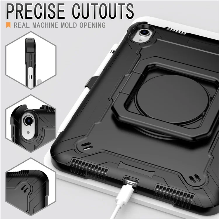 For iPad (2025) / iPad 10.9 (2022) Silicone PC Tablet Case Rotating Handle Kickstand Cover with Shoulder Strap - Black-Cellmalls