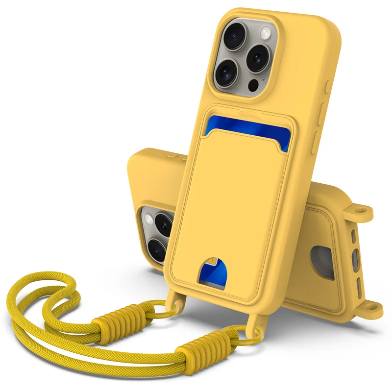 For iPhone 12 6.1 inch / iPhone 12 Pro 6.1 inch Liquid Silicone Case  Phone Back Cover with Card Holder and Short Strap - Black-Cellmalls