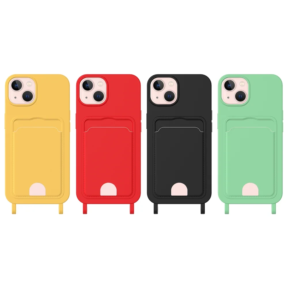 For iPhone 15 Liquid Silicone Case  Phone Back Cover with Card Holder and Short Strap - Black-Cellmalls