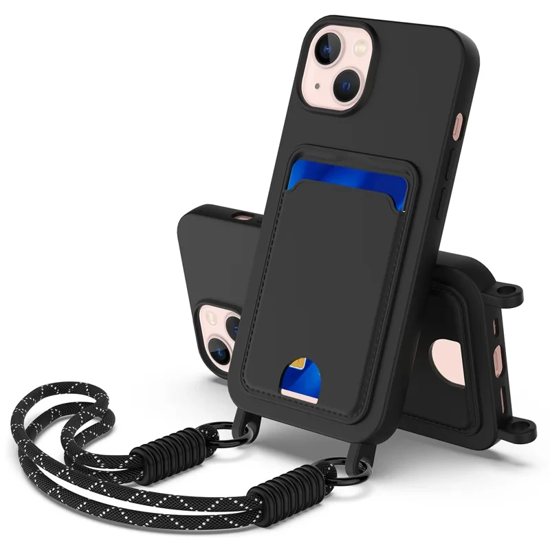 For iPhone 14 Plus / iPhone 15 Plus Liquid Silicone Case  Phone Back Cover with Card Holder and Short Strap - Black-Cellmalls