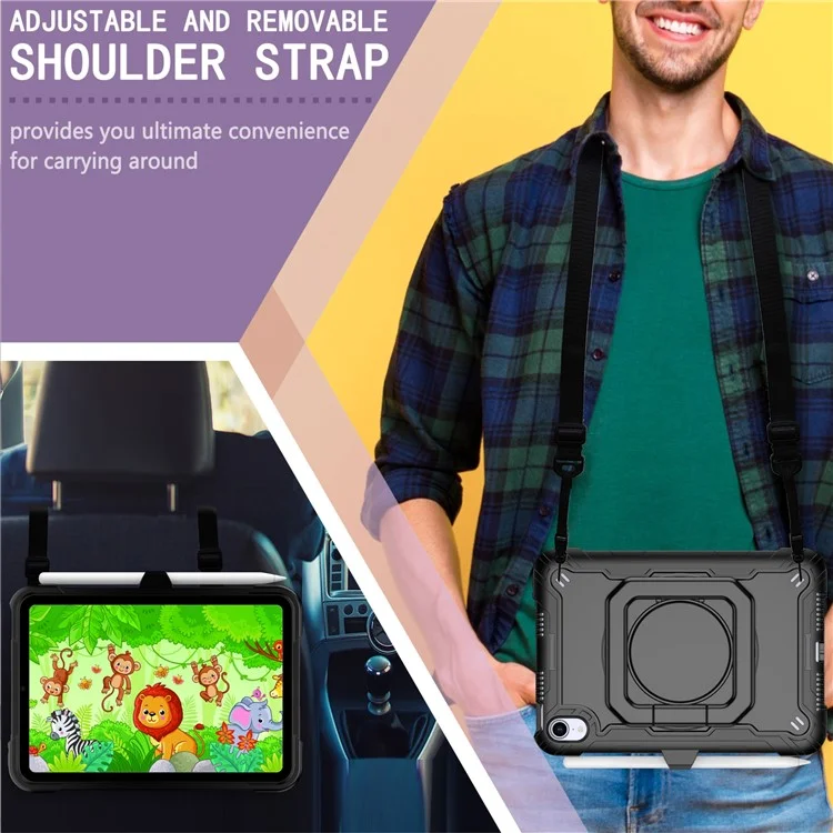 Rotating Kickstand PC + Silicone Tablet Case Cover with Shoulder Strap for iPad mini (2021) - Black/Black-Cellmalls