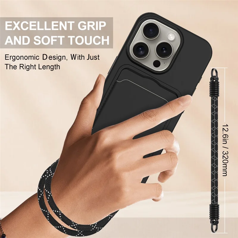 For iPhone 15 Pro Liquid Silicone Case Phone Back Cover with Card Holder and Short Strap - Black-Cellmalls