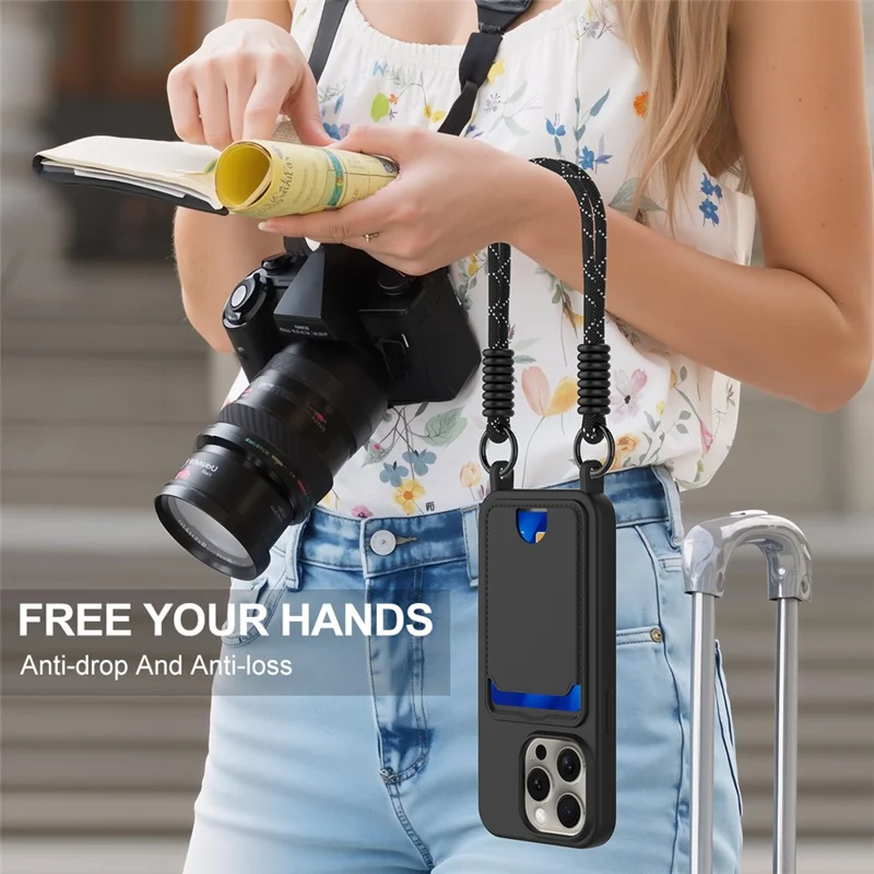 For iPhone 15 Pro Liquid Silicone Case Phone Back Cover with Card Holder and Short Strap - Black-Cellmalls