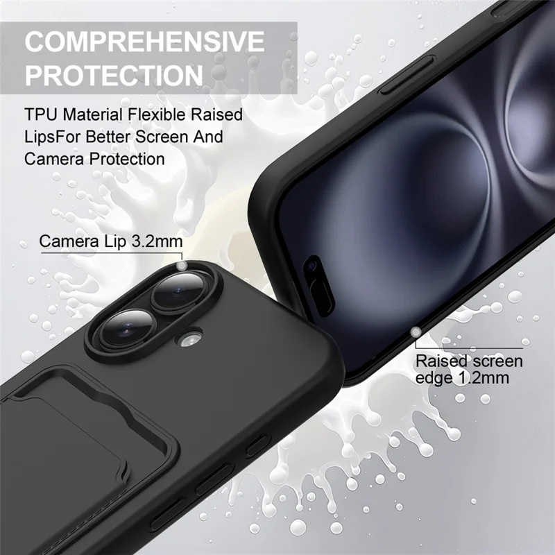 For iPhone 16 Case Liquid Silicone Card Holder Phone Back Cover with Short Strap - Black-Cellmalls