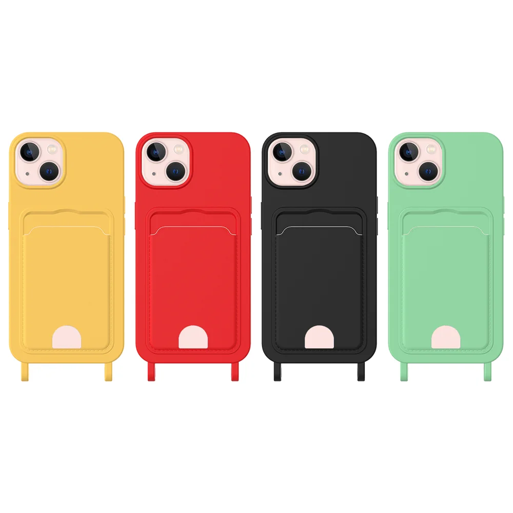 For iPhone 14 Plus / iPhone 15 Plus Liquid Silicone Case  Phone Back Cover with Card Holder and Short Strap - Black-Cellmalls