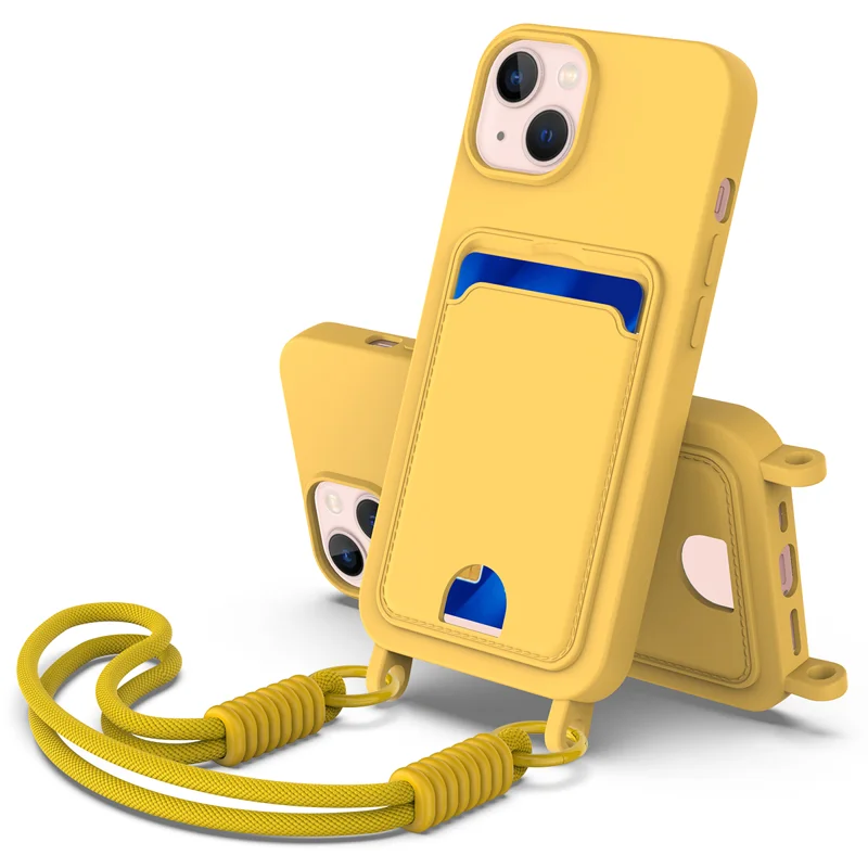 For iPhone 15 Liquid Silicone Case  Phone Back Cover with Card Holder and Short Strap - Black-Cellmalls