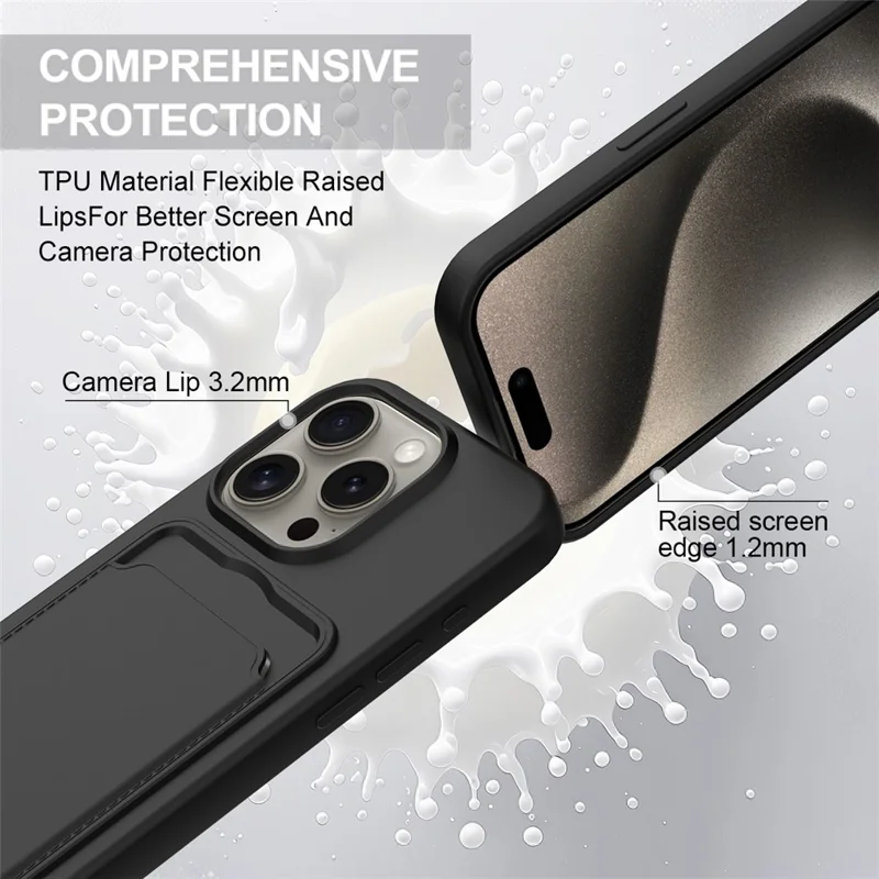 For iPhone 15 Pro Liquid Silicone Case Phone Back Cover with Card Holder and Short Strap - Black-Cellmalls