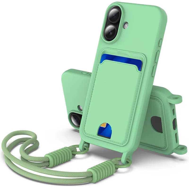 For iPhone 16 Plus Case Liquid Silicone Card Holder Phone Back Cover with Short Strap - Black-Cellmalls