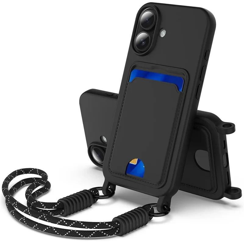 For iPhone 16 Case Liquid Silicone Card Holder Phone Back Cover with Short Strap - Black-Cellmalls
