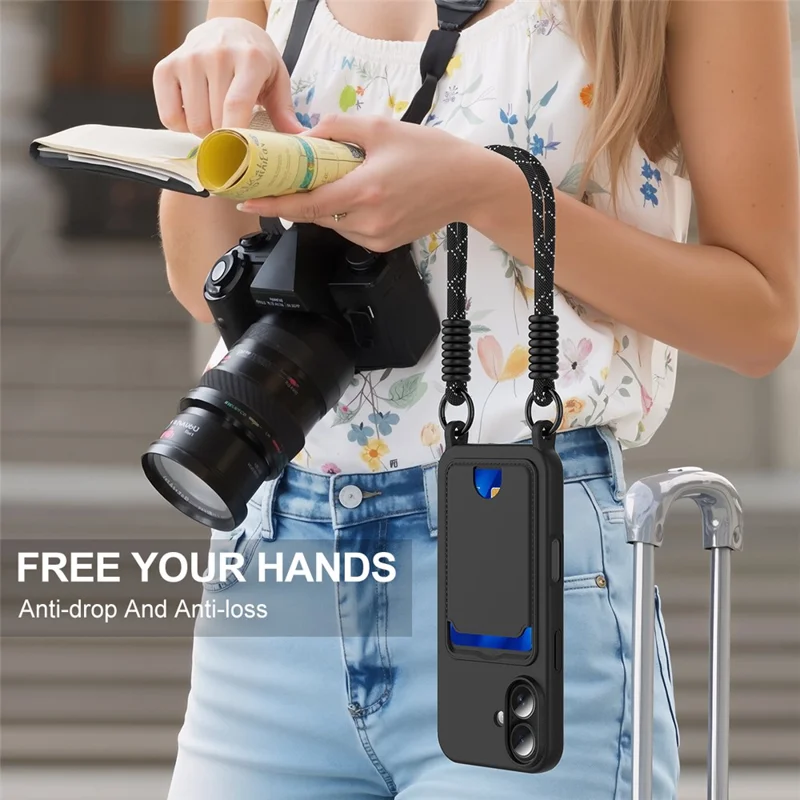 For iPhone 16 Case Liquid Silicone Card Holder Phone Back Cover with Short Strap - Black-Cellmalls