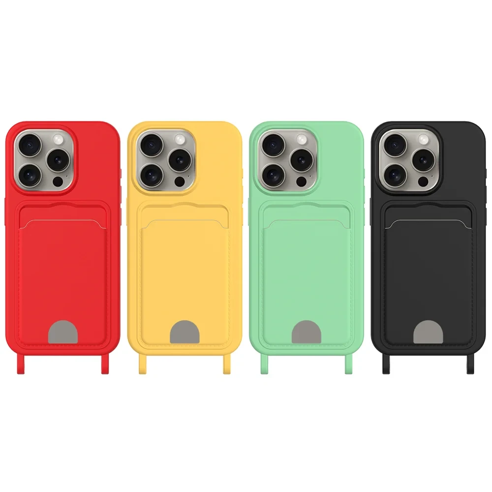 For iPhone 15 Pro Max Liquid Silicone Case  Phone Back Cover with Card Holder and Short Strap - Black-Cellmalls