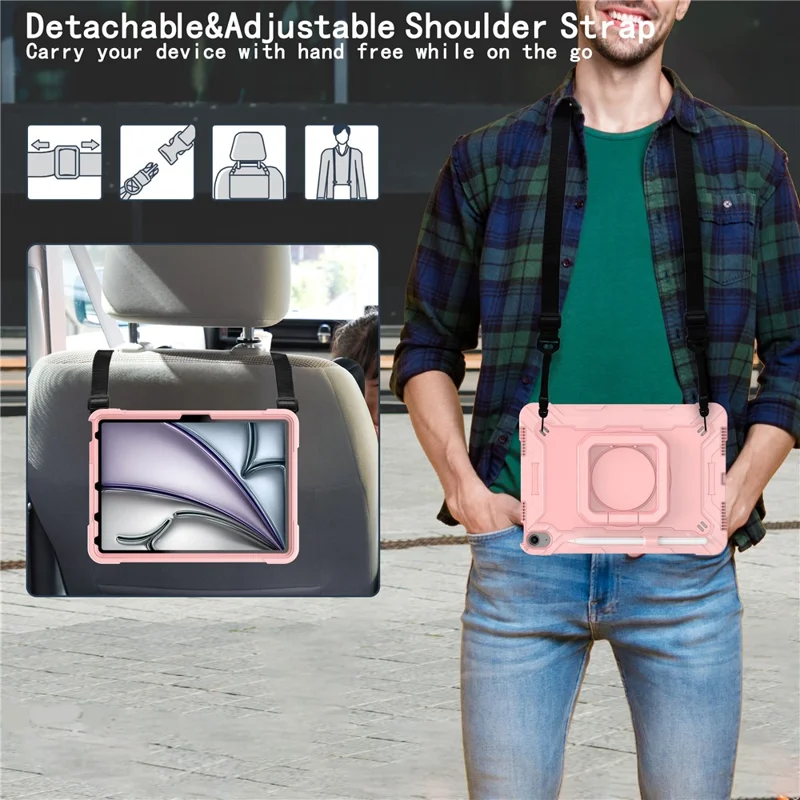 For iPad Air 11 (2025) / (2024) Case with Shoulder Strap PC+Silicone Hand Grip Kickstand Tablet Cover - Rose Gold-Cellmalls