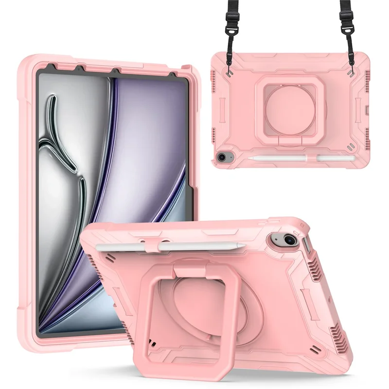 For iPad Air 11 (2025) / (2024) Case with Shoulder Strap PC+Silicone Hand Grip Kickstand Tablet Cover - Rose Gold-Cellmalls