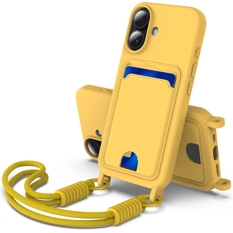 For iPhone 16 Plus Case Liquid Silicone Card Holder Phone Back Cover with Short Strap - Black-Cellmalls