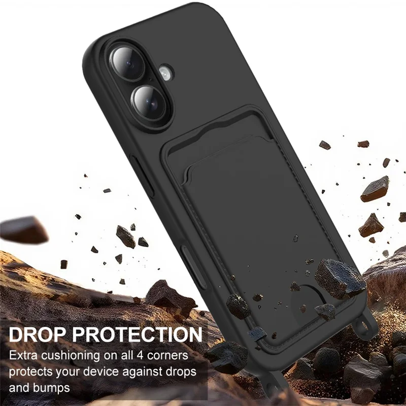 For iPhone 16 Plus Case Liquid Silicone Card Holder Phone Back Cover with Short Strap - Black-Cellmalls