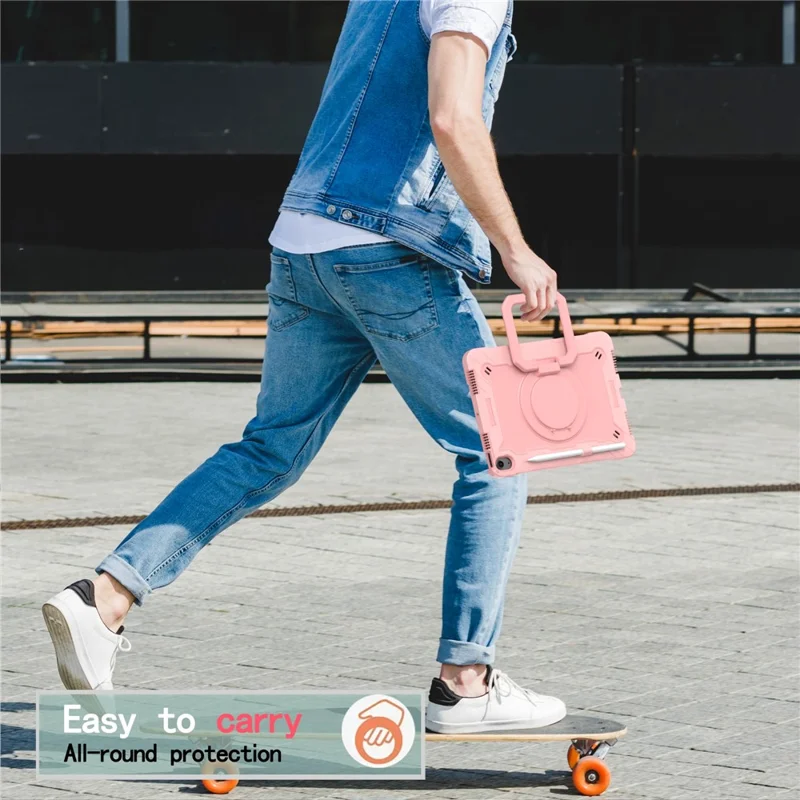 For iPad Air 11 (2025) / (2024) Case with Shoulder Strap PC+Silicone Hand Grip Kickstand Tablet Cover - Rose Gold-Cellmalls