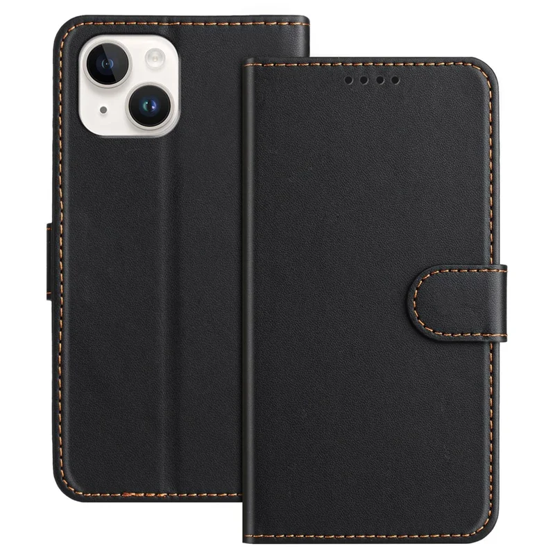 For iPhone 15 Leather Case Wallet Stand Solid Color Anti Drop Phone Cover - Black-Cellmalls