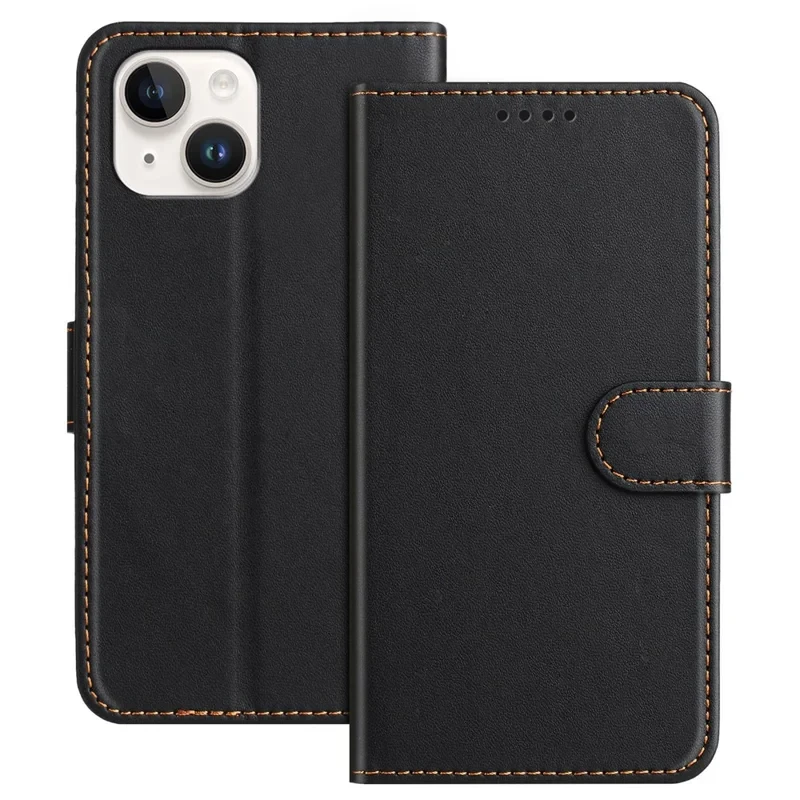 For iPhone 15 Leather Case Wallet Stand Solid Color Anti Drop Phone Cover - Black-Cellmalls