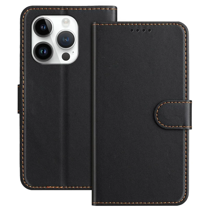 For iPhone 14 Pro Max Leather Case Wallet Stand Solid Color Anti Drop Phone Cover - Black-Cellmalls
