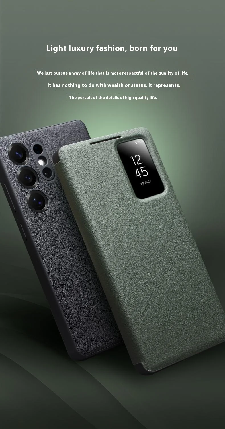 QIALINO For Samsung Galaxy S25 Ultra Case View Window Genuine Cow Leather Flip Phone Cover - Black-Cellmalls