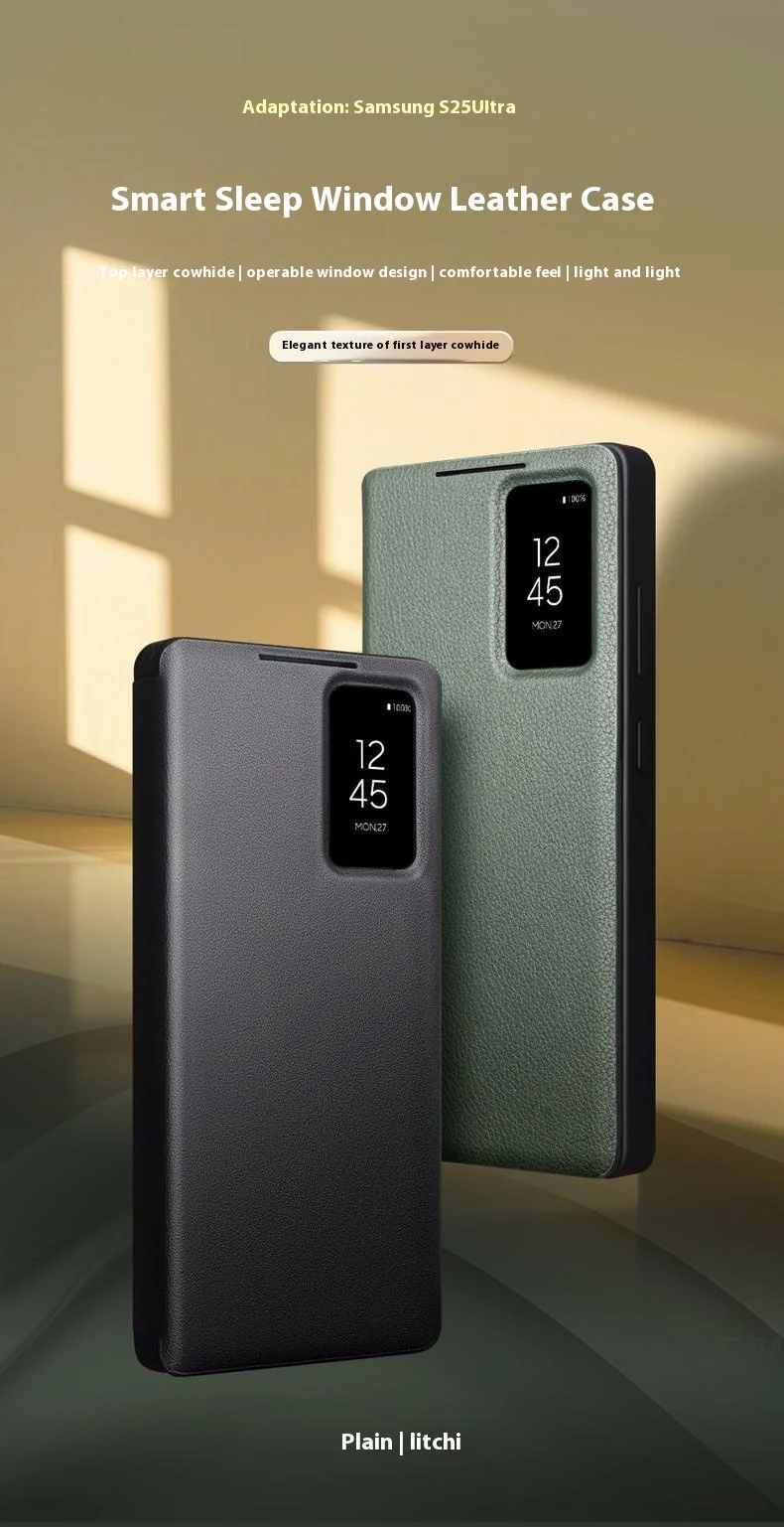 QIALINO For Samsung Galaxy S25 Ultra Case View Window Genuine Cow Leather Flip Phone Cover - Black-Cellmalls