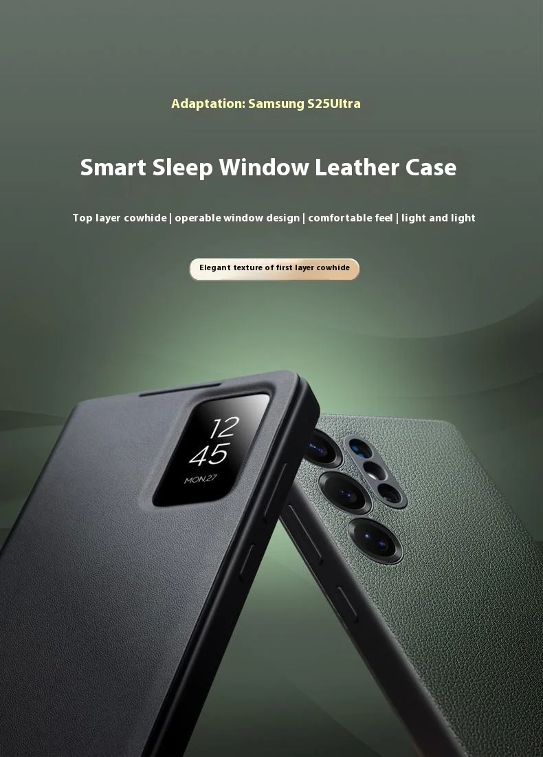 QIALINO For Samsung Galaxy S25 Ultra Case View Window Genuine Cow Leather Flip Phone Cover - Black-Cellmalls