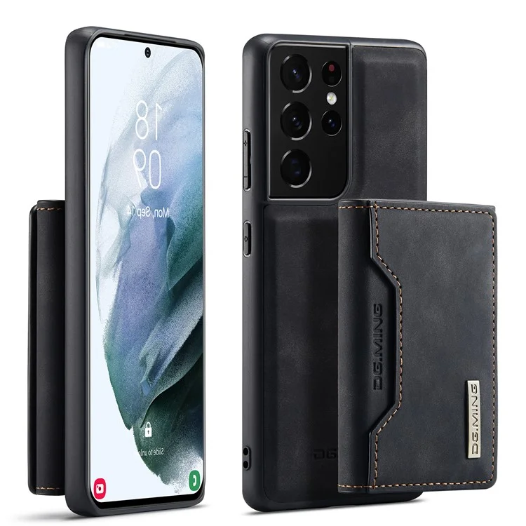 DG.MING M2 Series Magnetic Tri-fold Wallet Design Kickstand Cover Leather Phone Case Shell for Samsung Galaxy S21 Ultra 5G - Black-Cellmalls