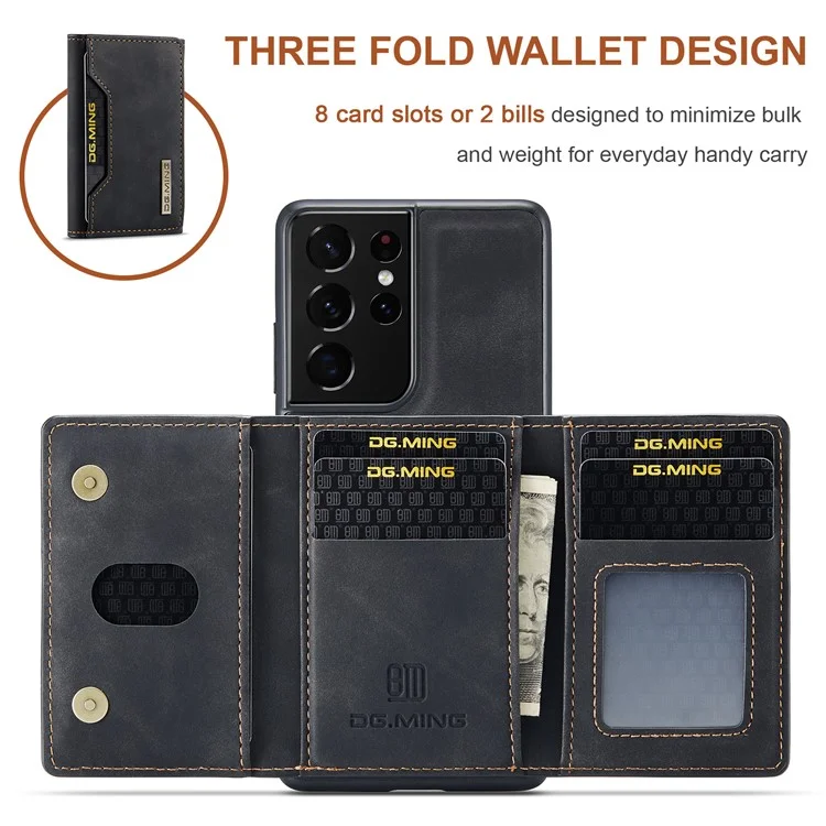 DG.MING M2 Series Magnetic Tri-fold Wallet Design Kickstand Cover Leather Phone Case Shell for Samsung Galaxy S21 Ultra 5G - Black-Cellmalls