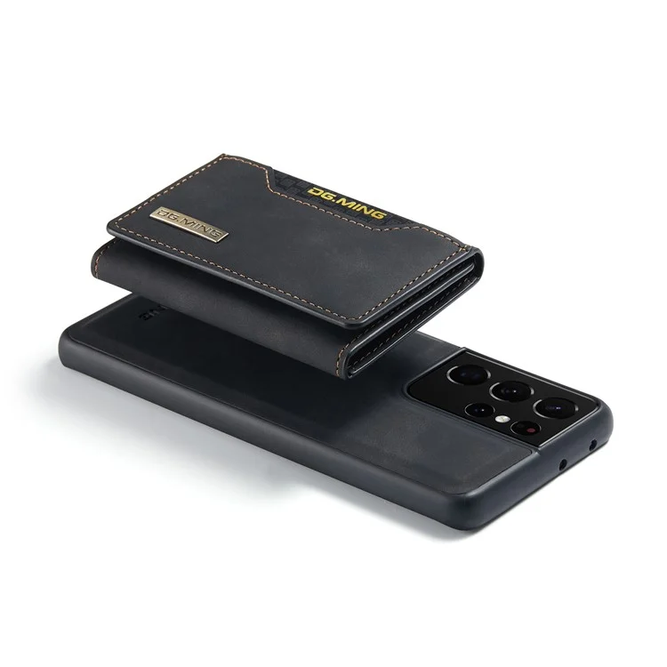 DG.MING M2 Series Magnetic Tri-fold Wallet Design Kickstand Cover Leather Phone Case Shell for Samsung Galaxy S21 Ultra 5G - Black-Cellmalls