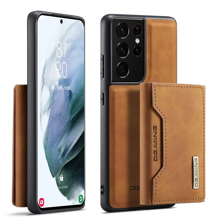 DG.MING M2 Series Magnetic Tri-fold Wallet Design Kickstand Cover Leather Phone Case Shell for Samsung Galaxy S21 Ultra 5G - Black-Cellmalls