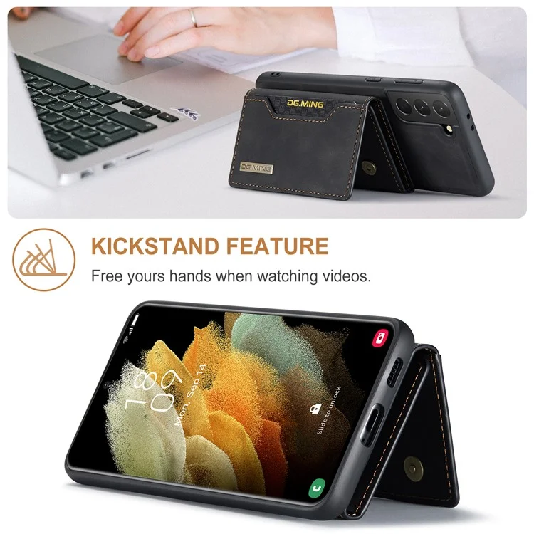 DG.MING M2 Series Magnetic Detachable Wallet Design Hybrid Case with Kickstand for Samsung Galaxy S21+ 5G - Black-Cellmalls