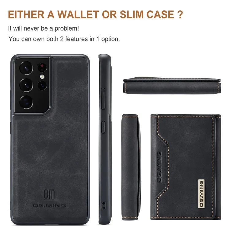 DG.MING M2 Series Magnetic Tri-fold Wallet Design Kickstand Cover Leather Phone Case Shell for Samsung Galaxy S21 Ultra 5G - Black-Cellmalls