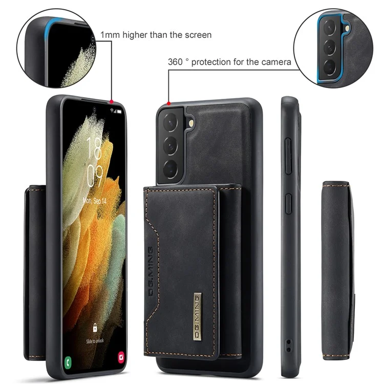 DG.MING M2 Series Magnetic Detachable Wallet Design Hybrid Case with Kickstand for Samsung Galaxy S21+ 5G - Black-Cellmalls