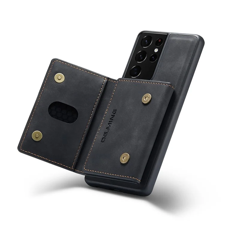 DG.MING M2 Series Magnetic Tri-fold Wallet Design Kickstand Cover Leather Phone Case Shell for Samsung Galaxy S21 Ultra 5G - Black-Cellmalls