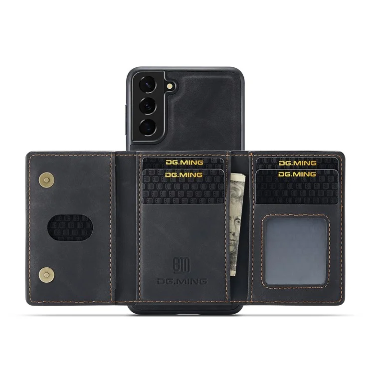 DG.MING M2 Series Magnetic Detachable Wallet Design Hybrid Case with Kickstand for Samsung Galaxy S21+ 5G - Black-Cellmalls
