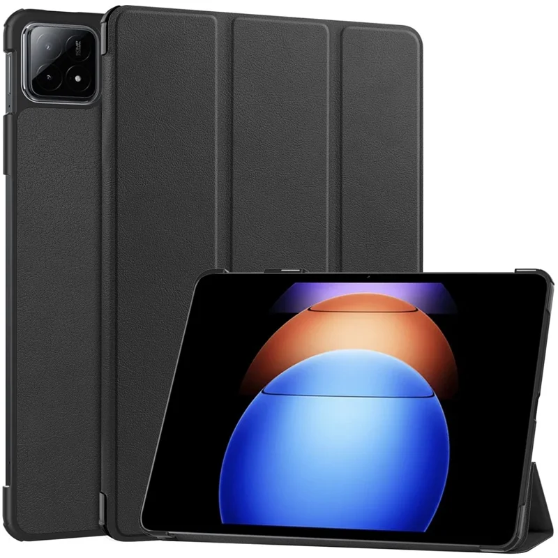 For Xiaomi Pad 6S Pro 12.4 Leather Case Tri-fold Stand Auto Wake / Sleep Smart Shell - Black-Cellmalls