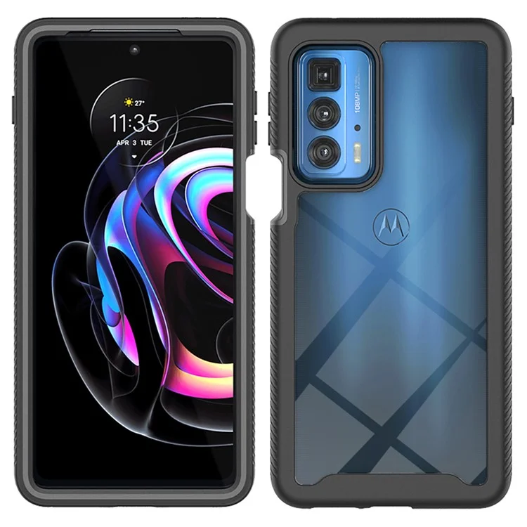 For Motorola Edge 20 Pro Well-protected Stylish PC+TPU Hybrid Phone Case Cover with Anti-scratch PET Screen Protector - Black-Cellmalls